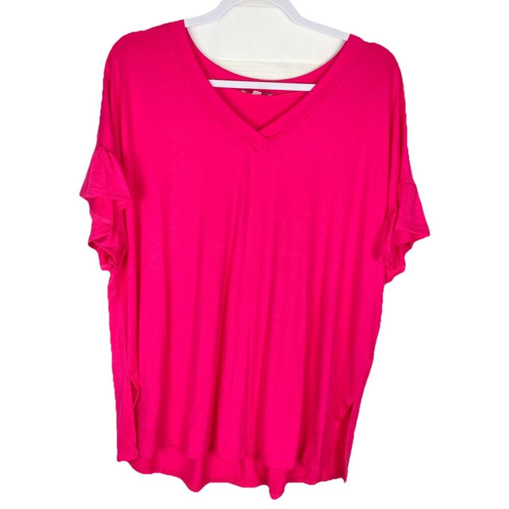 White Birch Fuchsia Flounce Sleeve V- Neck Blouse Shirt Size Medium Top New